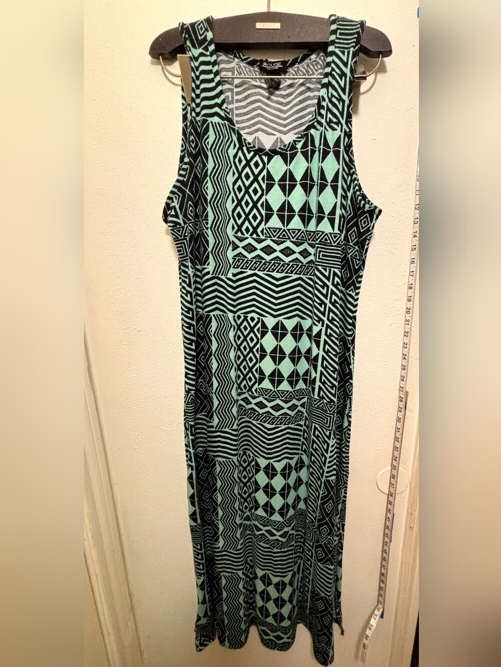 Rouge Collection Women's 3X Mint & Black Sleeveless Geo-Print Maxi Dress